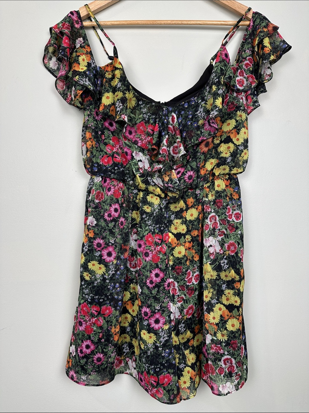 Ted Baker London Black Floral Ruffle-Shoulder Romper feminine dainty pink